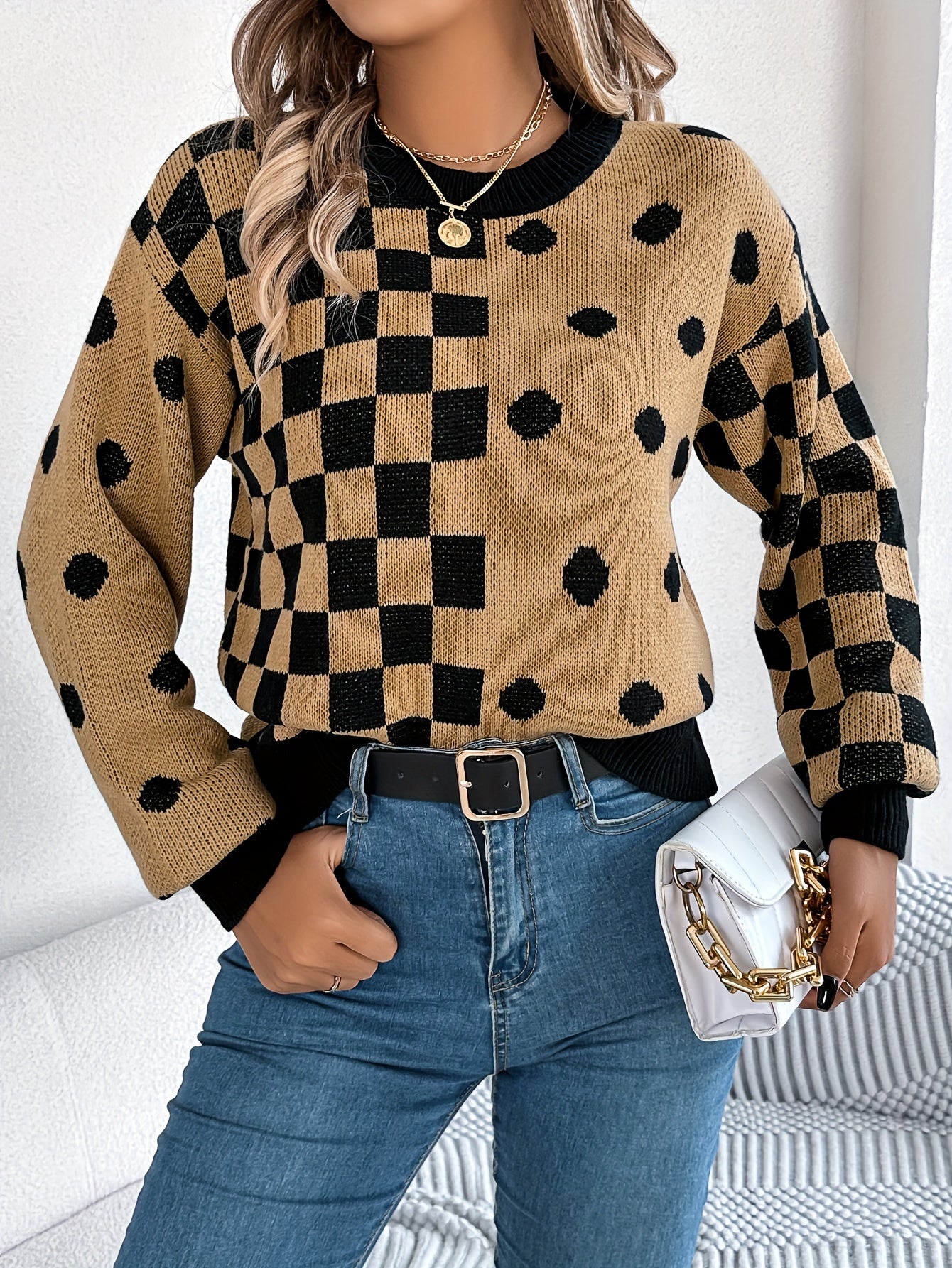 Plaid & Dot Pattern Crew Neck Sweater, Versatile Contrast Trim Lantern Sleeve Sweater For Fall & Winter, Women's Clothing