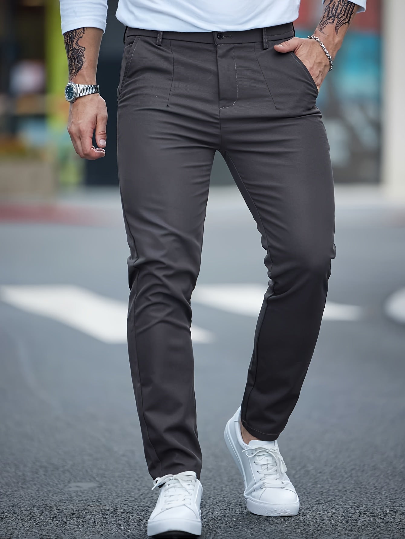 Men's Solid Color Straight Leg Pants, Casual Versatile Comfy Slim Trousers For Spring And Fall As Gift