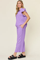Double Take Texture Ruffle Short Sleeve Top and Drawstring Wide Leg Pants Set - MyEmpired