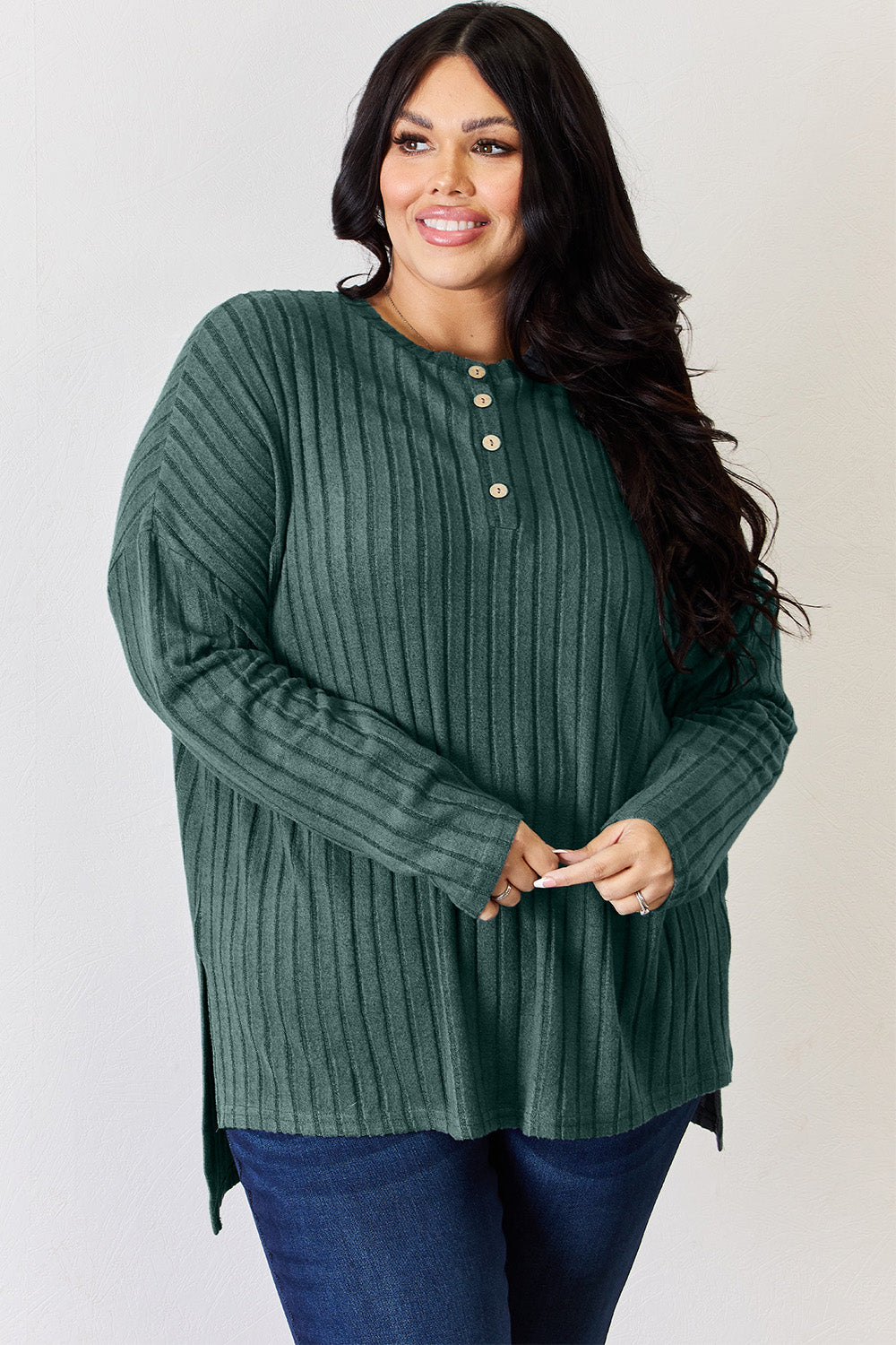 Basic Bae Full Size Ribbed Half Button Long Sleeve High-Low T-Shirt - MyEmpired