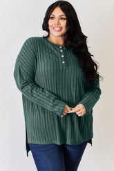 Basic Bae Full Size Ribbed Half Button Long Sleeve High-Low T-Shirt - MyEmpired