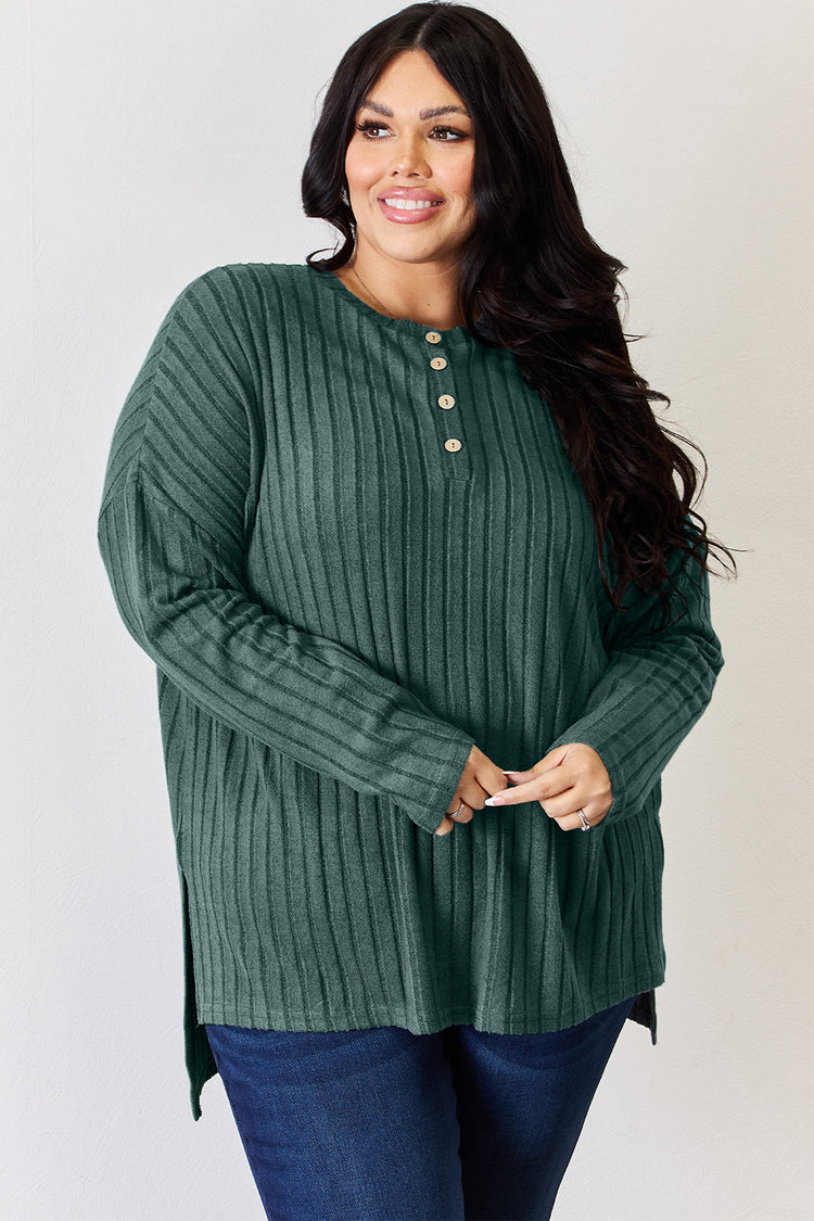 Basic Bae Full Size Ribbed Half Button Long Sleeve High-Low T-Shirt - MyEmpired
