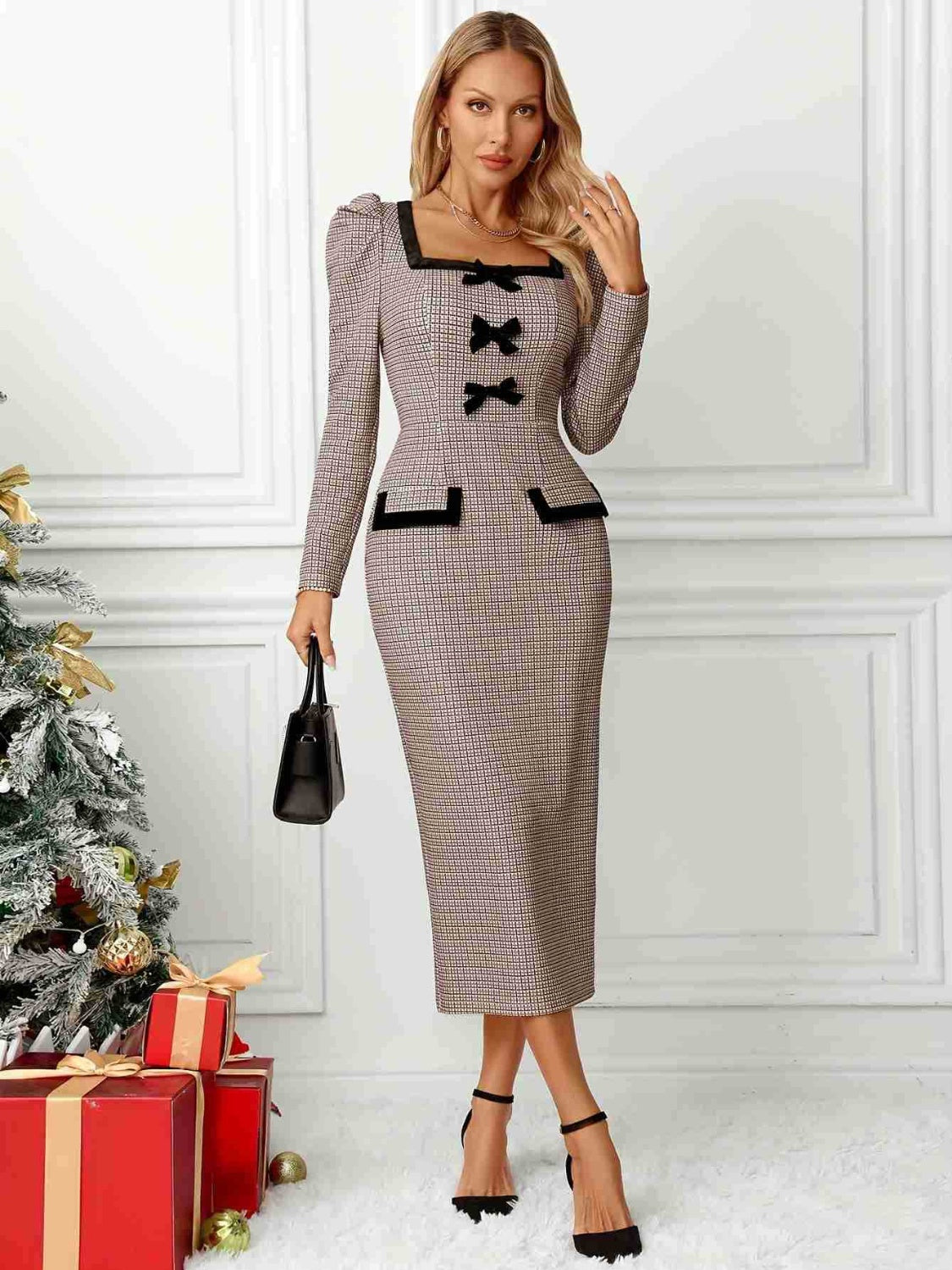 Bow Plaid Square Neck Puff Sleeve Dress - MyEmpired