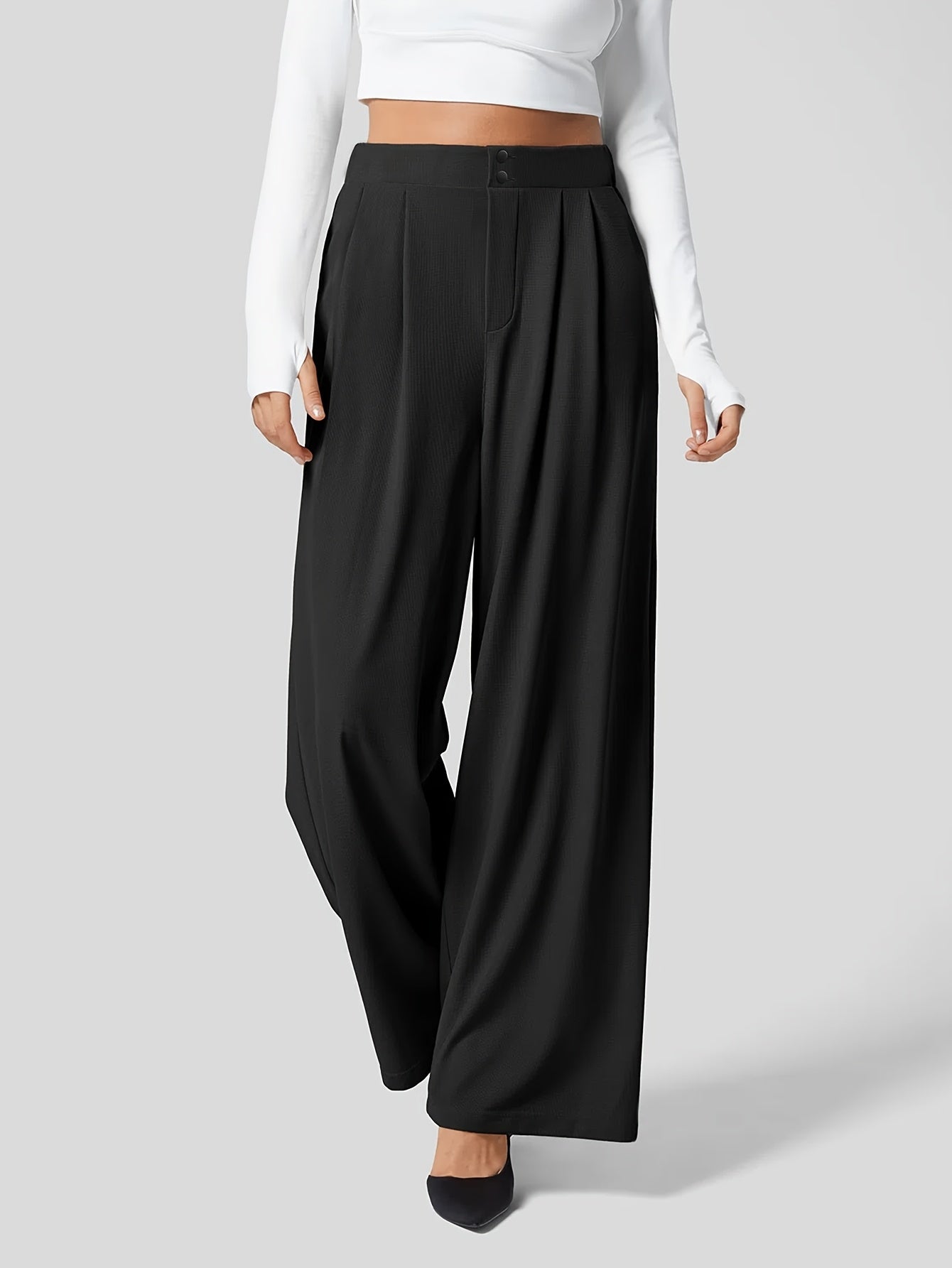 Solid Color Wide Leg Pants, Casual Pleated Loose Pants For Spring & Summer, Women's Clothing