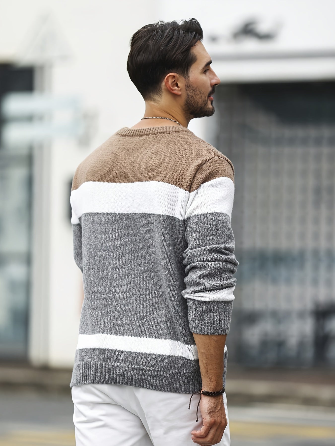 Men's Color Blocking Textured Knit Sweater For Autumn And Winter, Casual Business Trendy Pullover As Gift, Outdoor Cloth