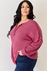 Basic Bae Full Size Ribbed Half Button Long Sleeve High-Low T-Shirt - MyEmpired