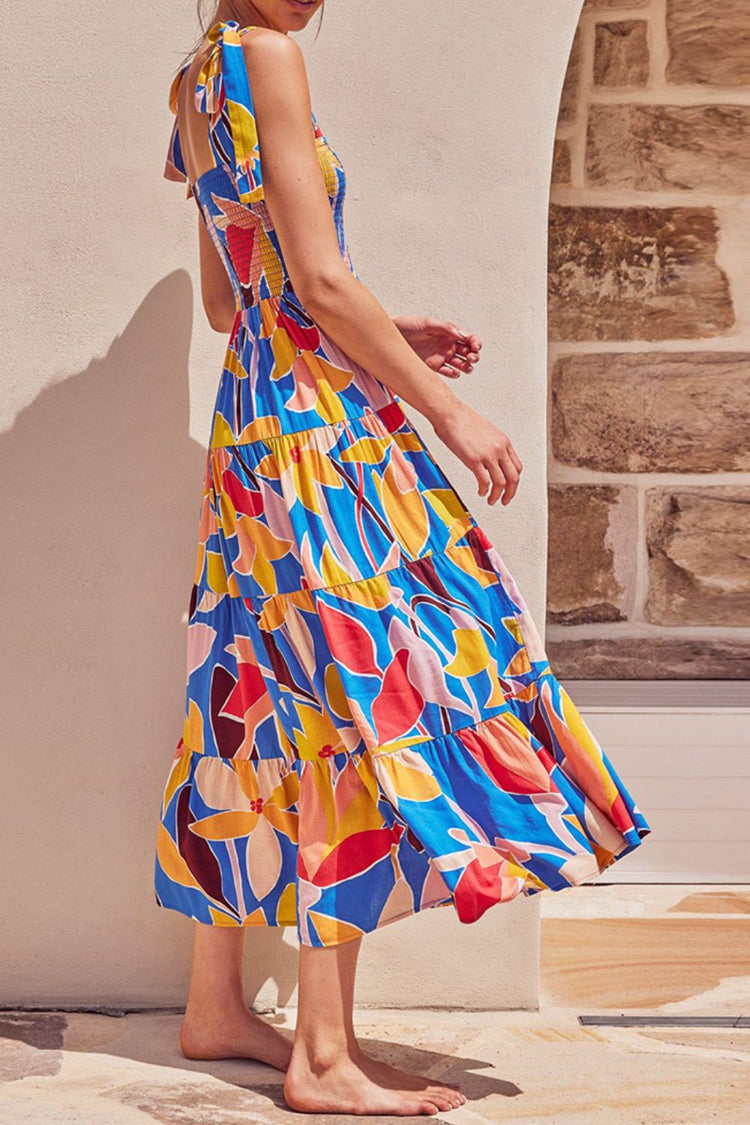 Floral Tie Shoulder Smocked Tiered Dress - MyEmpired