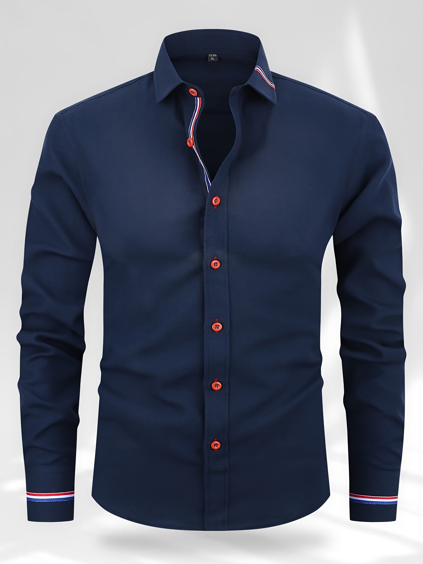 Men's Contrast Striped Design Lapel Collar Design Dress Shirts, Long Sleeve Casual Button Up Shirt For Formal Occasions