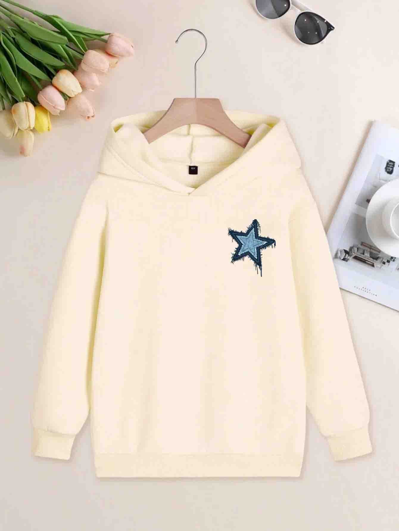 Girls' Cozy Apricot Hoodie with Star Print - Casual Long Sleeve Pullover, Perfect for Fall & Spring