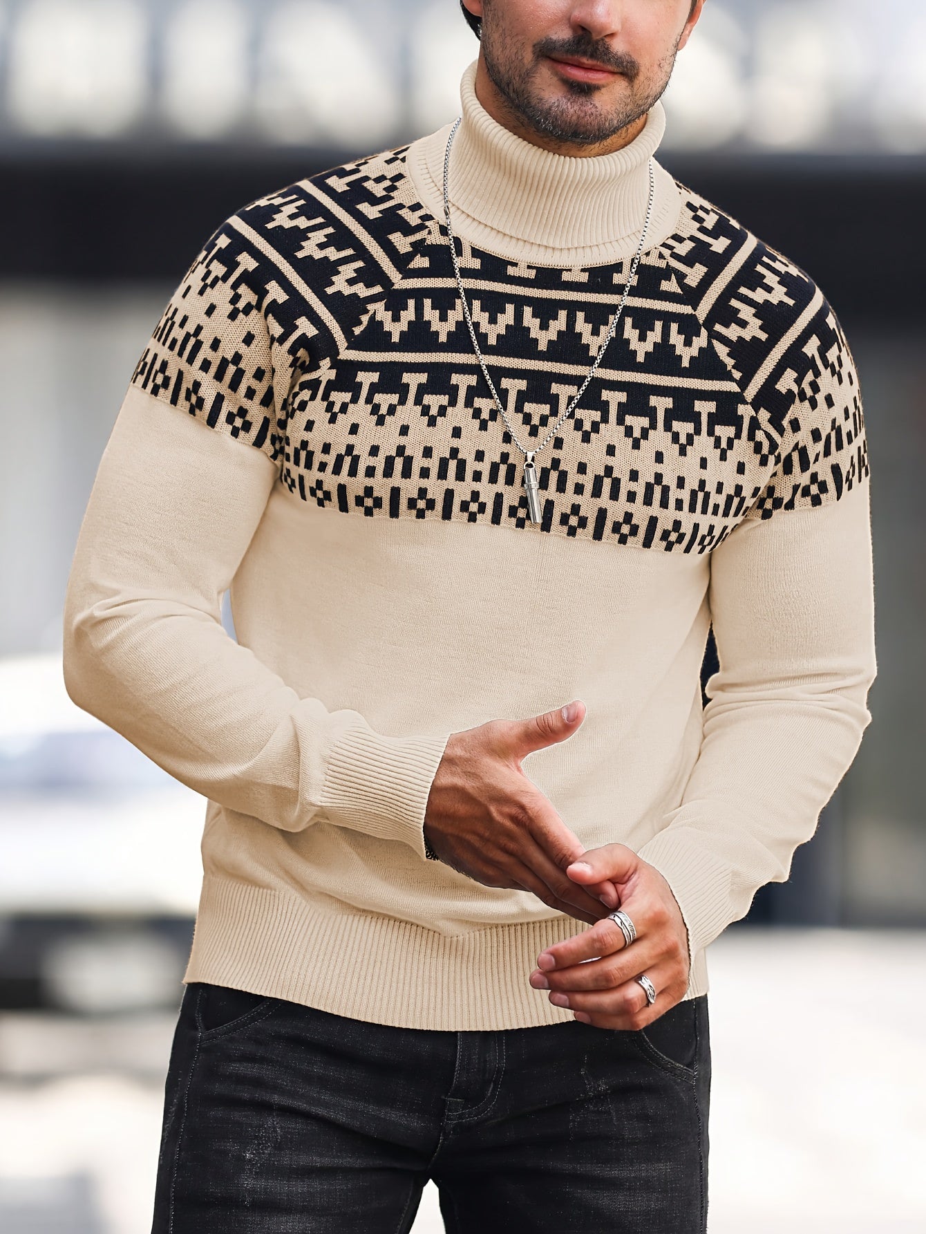 Men's Geometric Graphic Print Knitted Pullover, Casual Long Sleeve Turtle Neck Sweater For Fall Winter, Outdoor Cloth