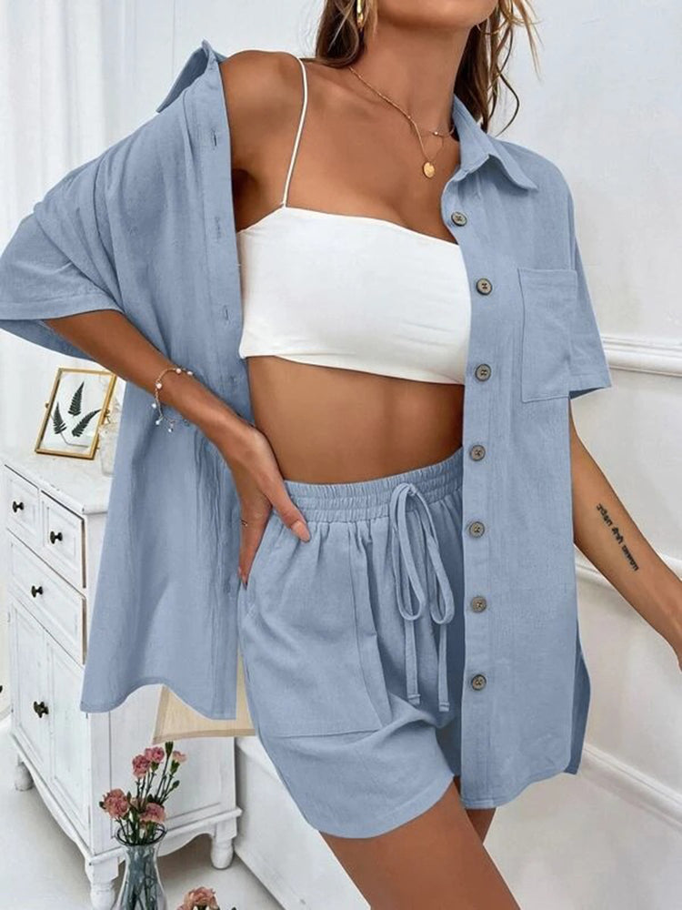 Button Up Shirt and Drawstring Shorts Set - MyEmpired