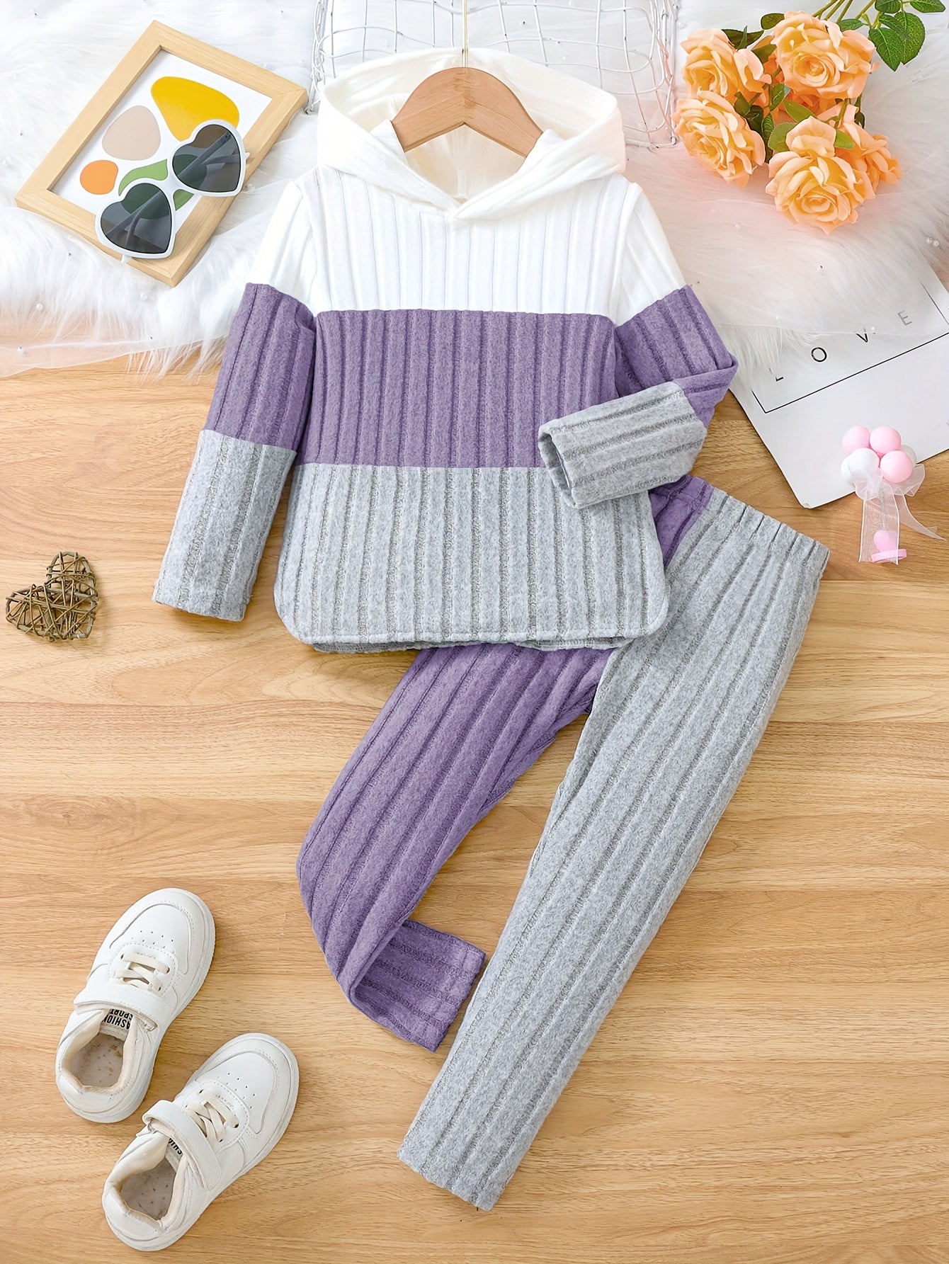 Girls' 2-Piece Set, Spring/Autumn Knitted Hoodie and Solid Color Ribbed Pants, Casual Color Block Long Sleeve Pullover with Stretch Fabric, Regular Fit, Polyester & Spandex Blend, For Outdoor