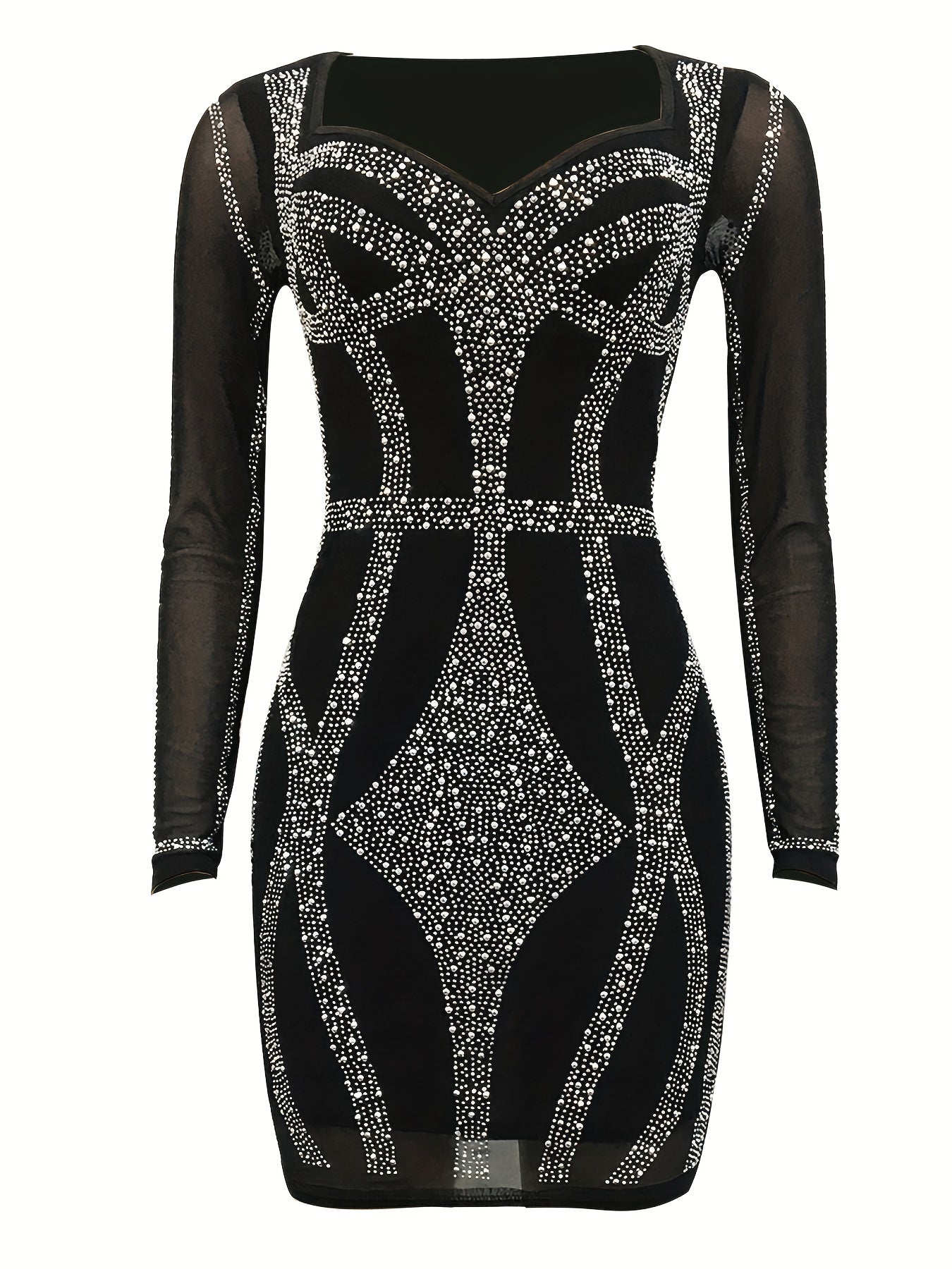 Rhinestone Sweetheart Neck Bodycon Dress, Sexy Mesh Long Sleeve Dress For Spring & Summer, Women's Clothing