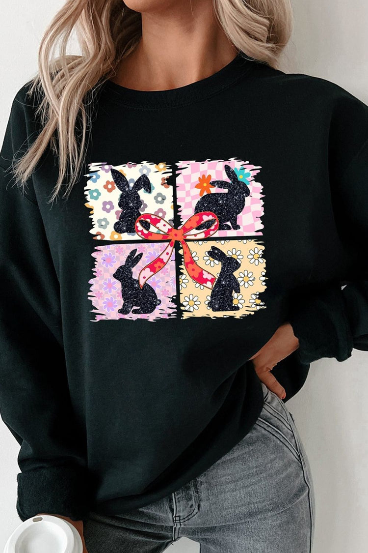 Floral Bunny Plaid Bow Graphic Easter Sweatshirt - MyEmpired