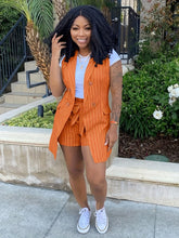 Elegant Striped Print Two Pieces, Double-Breasted Lapel Collar Sleeve Vest & Paper Bag Waist Belted Shorts Outfits, Women&
