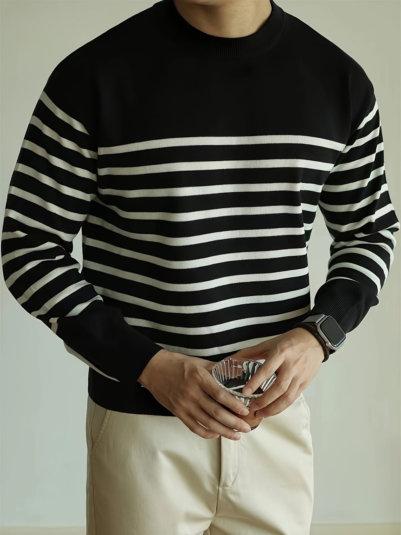 Men's Striped Knitted Pullover, Long Sleeve Crew Neck Sweater For Fall Winter