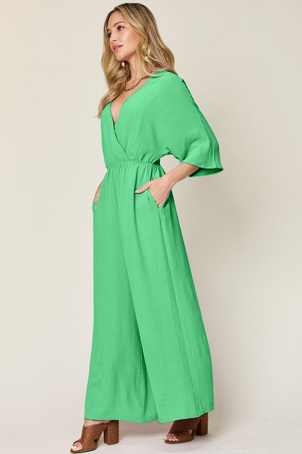 Double Take Full Size Surplice Wide Leg Jumpsuit with Pockets - MyEmpired