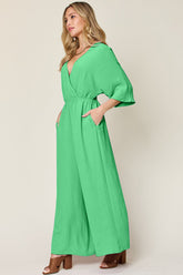 Double Take Full Size Surplice Wide Leg Jumpsuit with Pockets - MyEmpired
