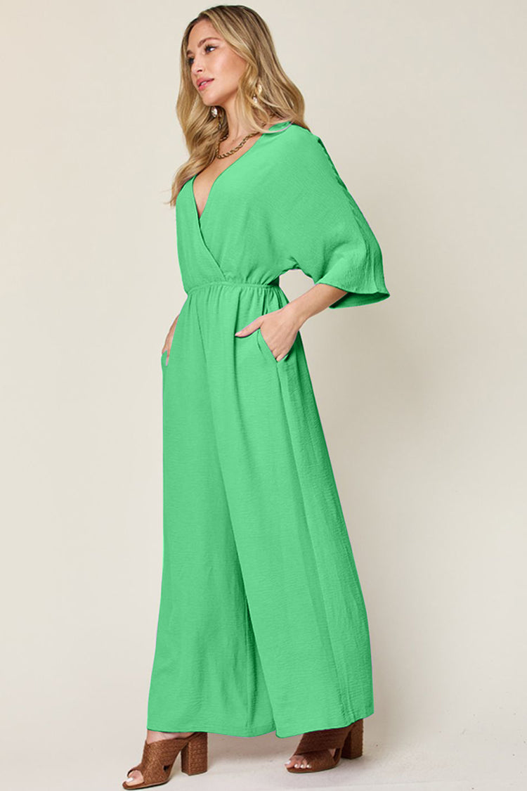 Double Take Full Size Surplice Wide Leg Jumpsuit with Pockets - MyEmpired