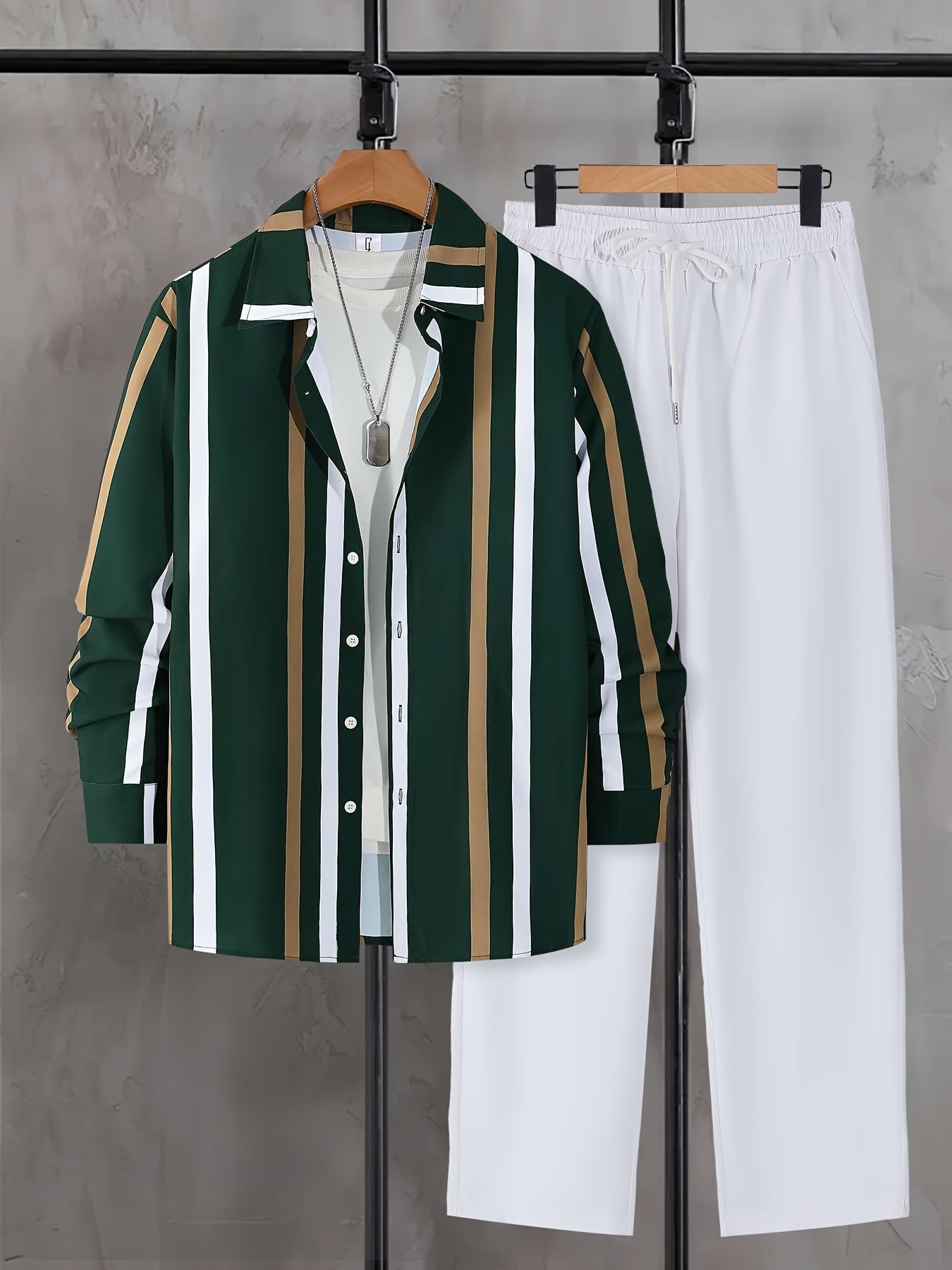 Men's Casual 2-Piece Outfit, Color Block Button Up Shirt & Solid Color Drawstring Pants Set