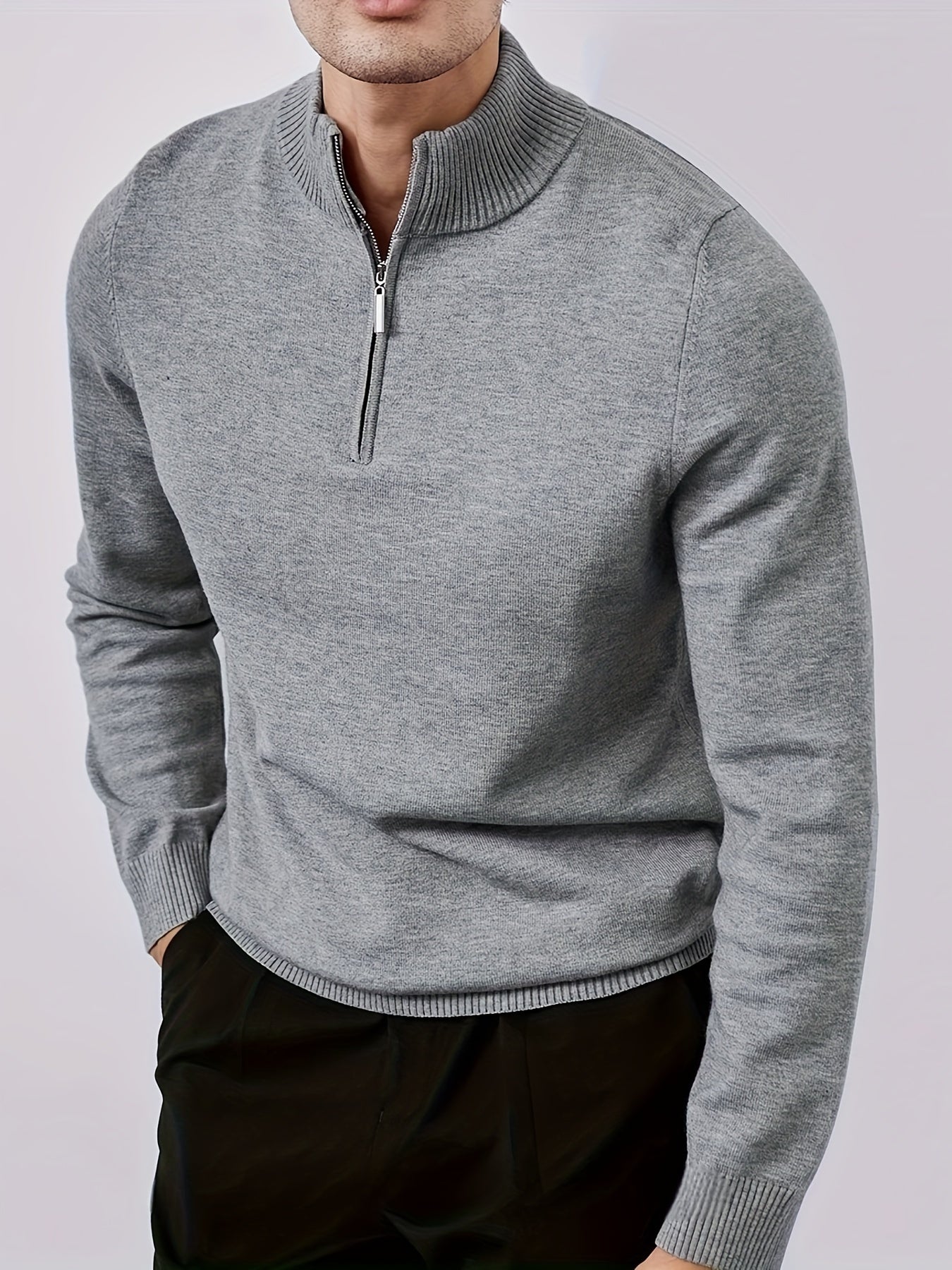 Men's Loose Solid Knitted Pullover, Casual Long Sleeve Half Zipper Sweater For Fall Winter