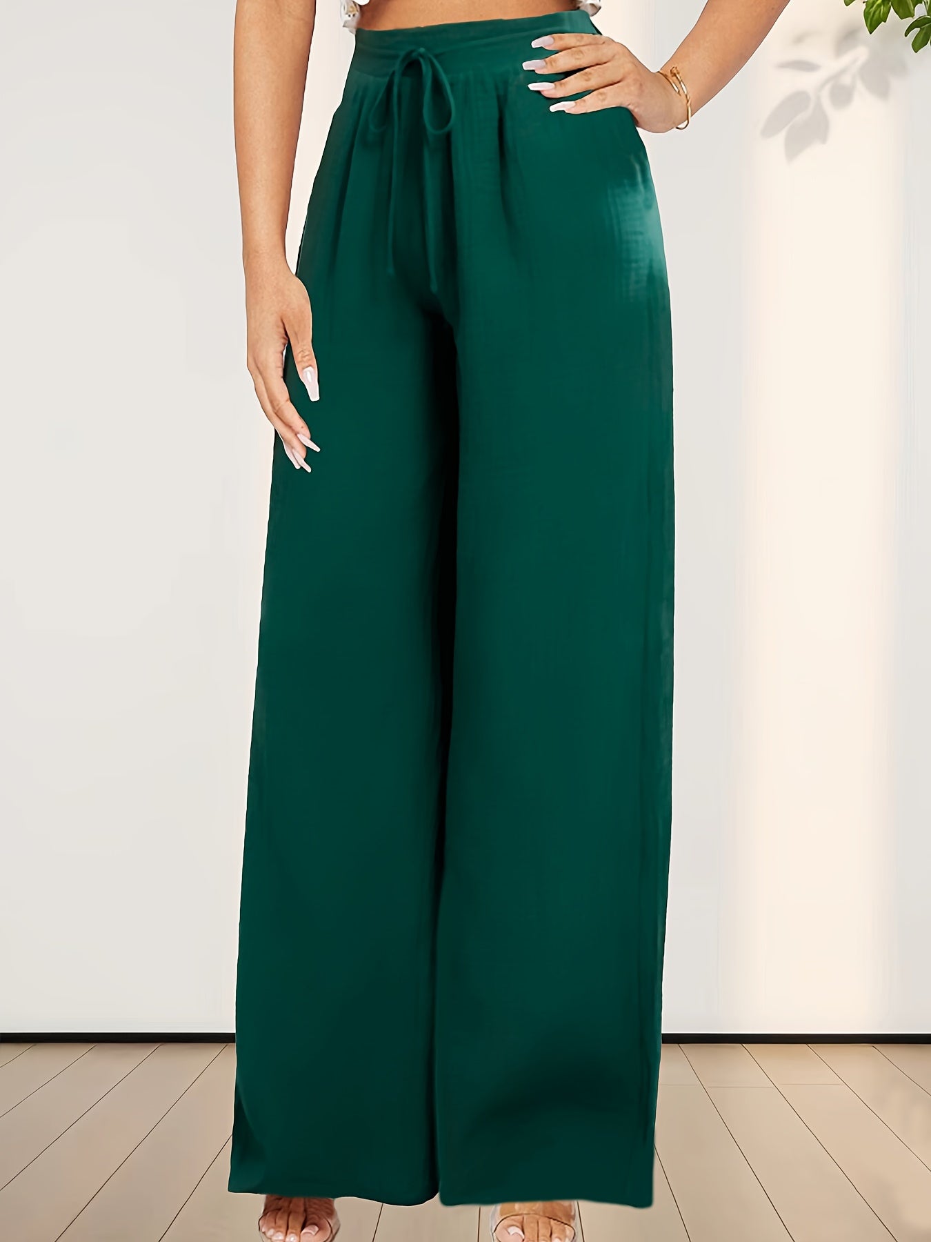 Solid Color Wide Leg Pants, Casual High Drawstring Waist Loose Pants For Spring & Summer, Women&