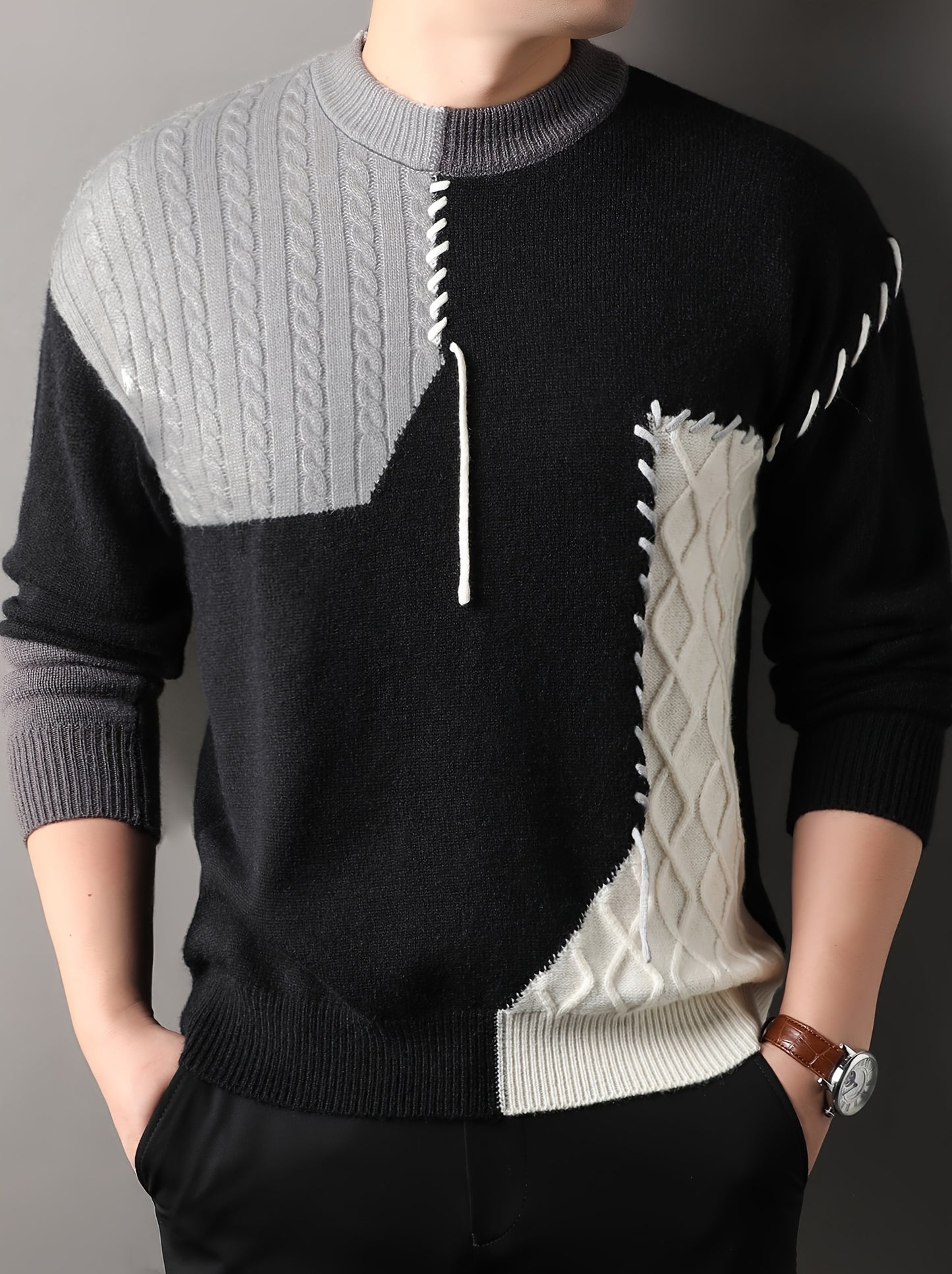 1pc Men'S Korean Style Crew Neck Sweater, Casual Striped Pattern, Rib-Knit, Slight Stretch, Loose Fit, Acrylic Knit Fabric, Thick Warm Patchwork Pullover for Fall/Winter - Fashionable Color Block Base Layer Top [12422]