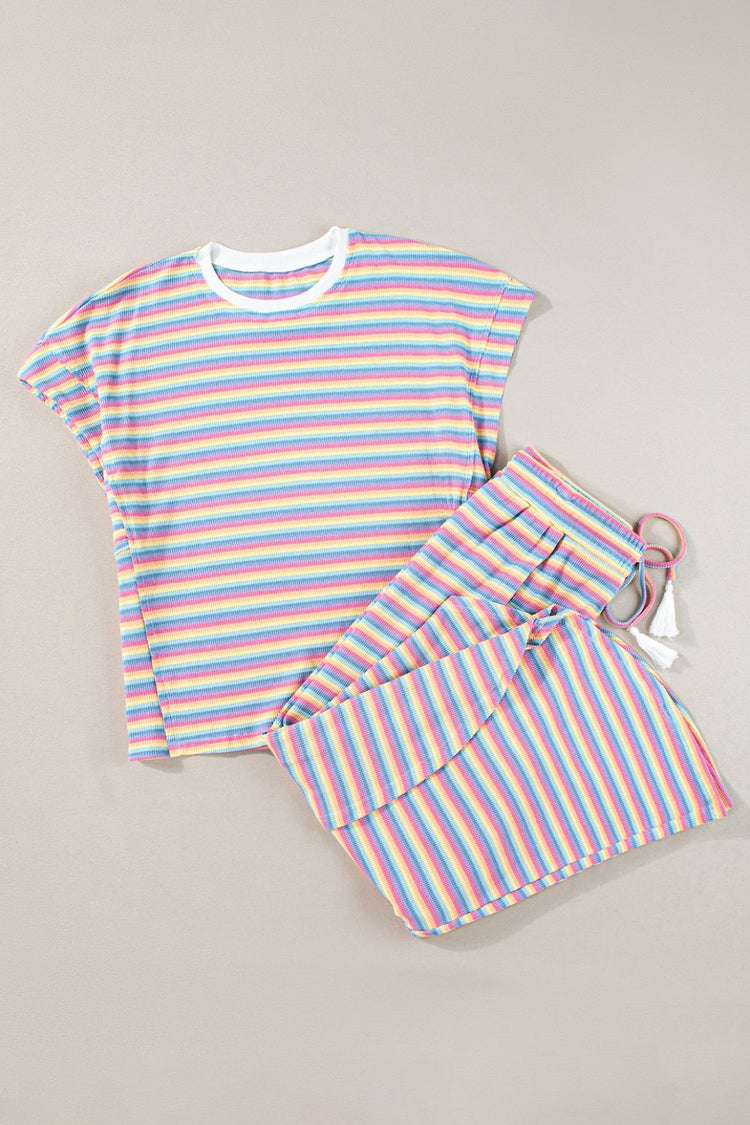 Striped Round Neck Short Sleeve Top and Pants Set - MyEmpired