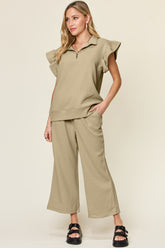 Double Take Texture Ruffle Short Sleeve Top and Drawstring Wide Leg Pants Set - MyEmpired