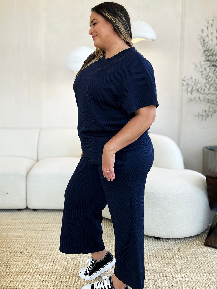Double Take Full Size Texture Short Sleeve Top and Pants Set - MyEmpired