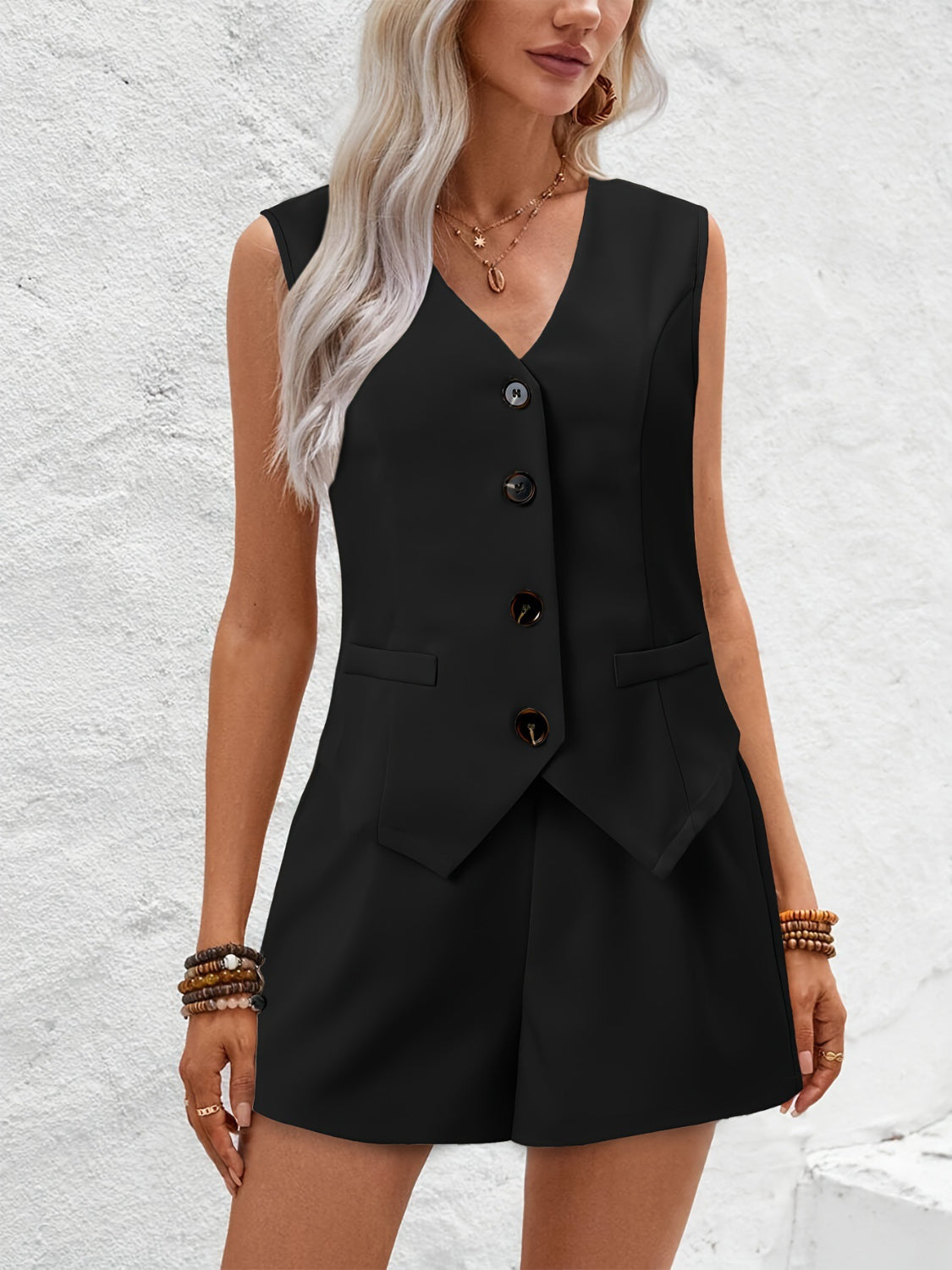 V-Neck Button Down Vest and Shorts Set - MyEmpired