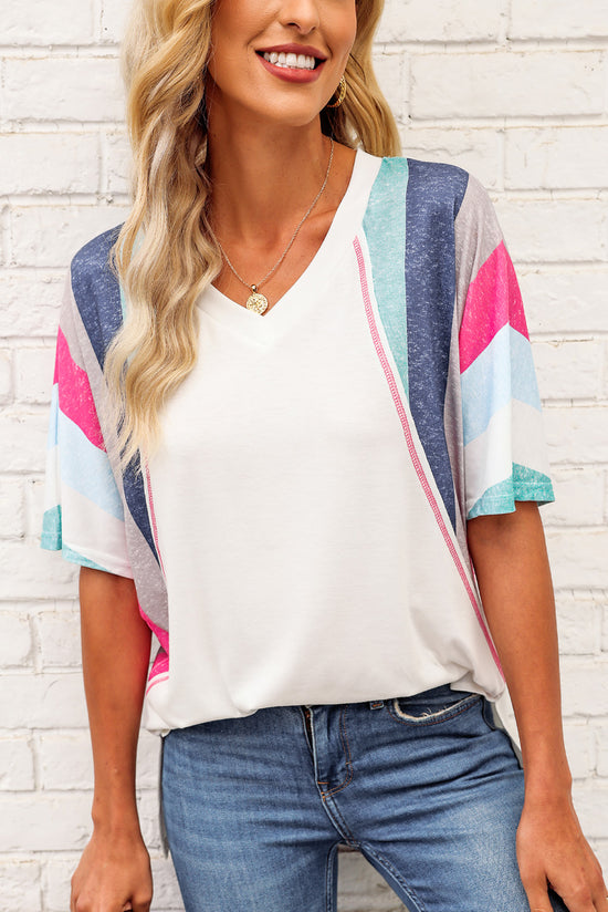 Rainbow Stripe Slit V-Neck T-Shirt - MyEmpired