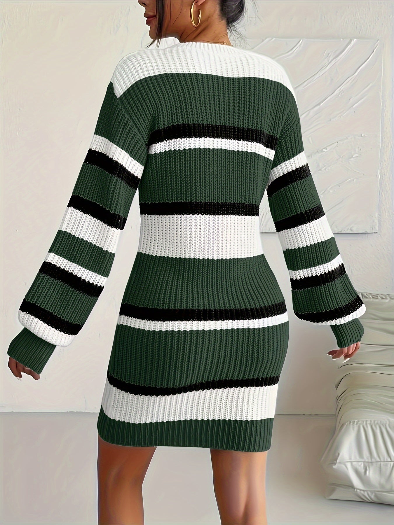 Women'S Casual Knit Sweater Dress, Nylon, Solid Color, Round Neck, Mid-Length, Fashionable Pullover, X-Shaped Fit, for All Seasons