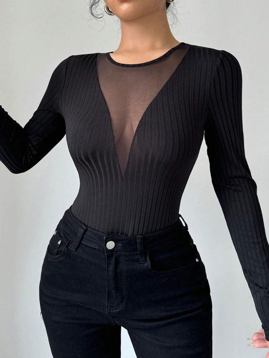 Mesh Detail Round Neck Long Sleeve Top - MyEmpired