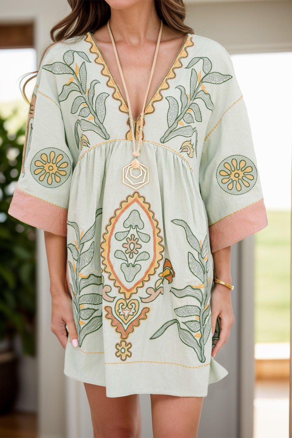 Printed V-Neck Three-Quarter Sleeve Mini Dress - MyEmpired