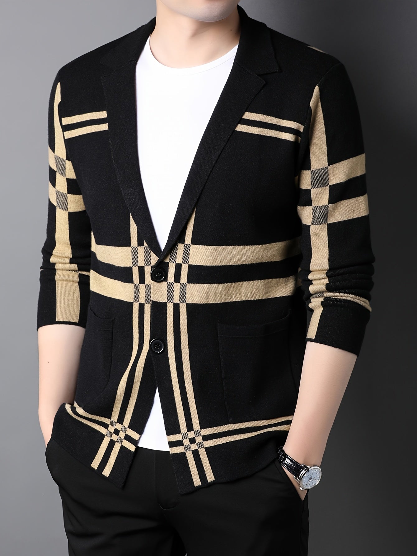 Men's Striped Knit Cardigan - Casual & Business-Ready, Button-Up with Lapel Collar for Fall/Winter, for Autumn, Spring