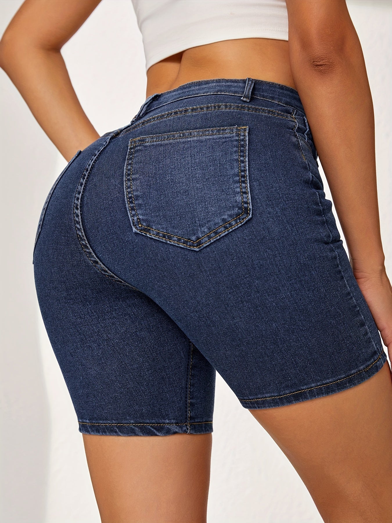 Plain Washed Blue Whiskering Denim Shorts, Slash Pocket Stretchy Denim Shorts, Women&