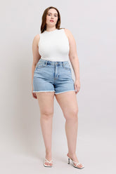 Judy Blue Full Size Tummy Control Raw Hem Denim Shorts Plus Size - MyEmpired