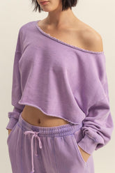 HYFVE Frayed Detail Boat Neck Long Sleeve Crop Top - MyEmpired