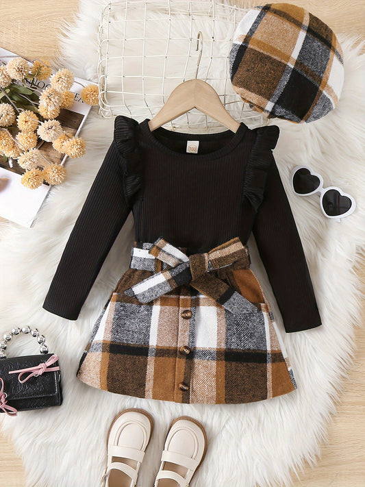 1 Set Girl's Ruffled Long-Sleeve Ribbed Top + Plaid Skirt - Spring & Fall Daily Comfy Outdoor Casual Outfit, As Gift