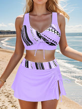 Polka Dot Print 3 Piece Set Tankini, V Neck Drawstring Front High Cut With Cover Up Skirt Swimsuits, Women&