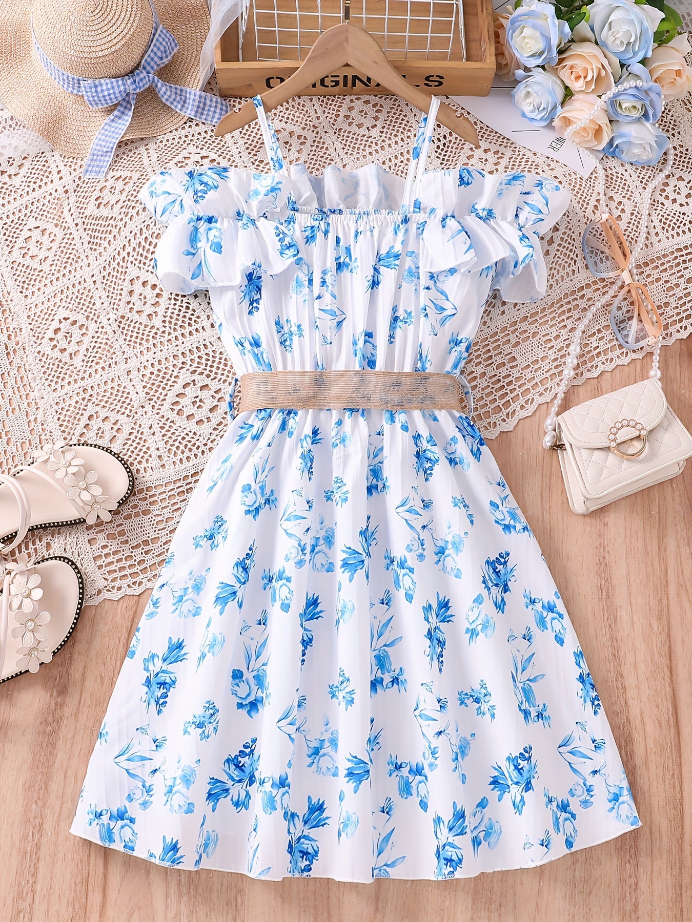 Sweet Girls Flora Print 2pcs Set Ruffle Trim Cami Top + Skirt With Belt Set For Spring Summer Party