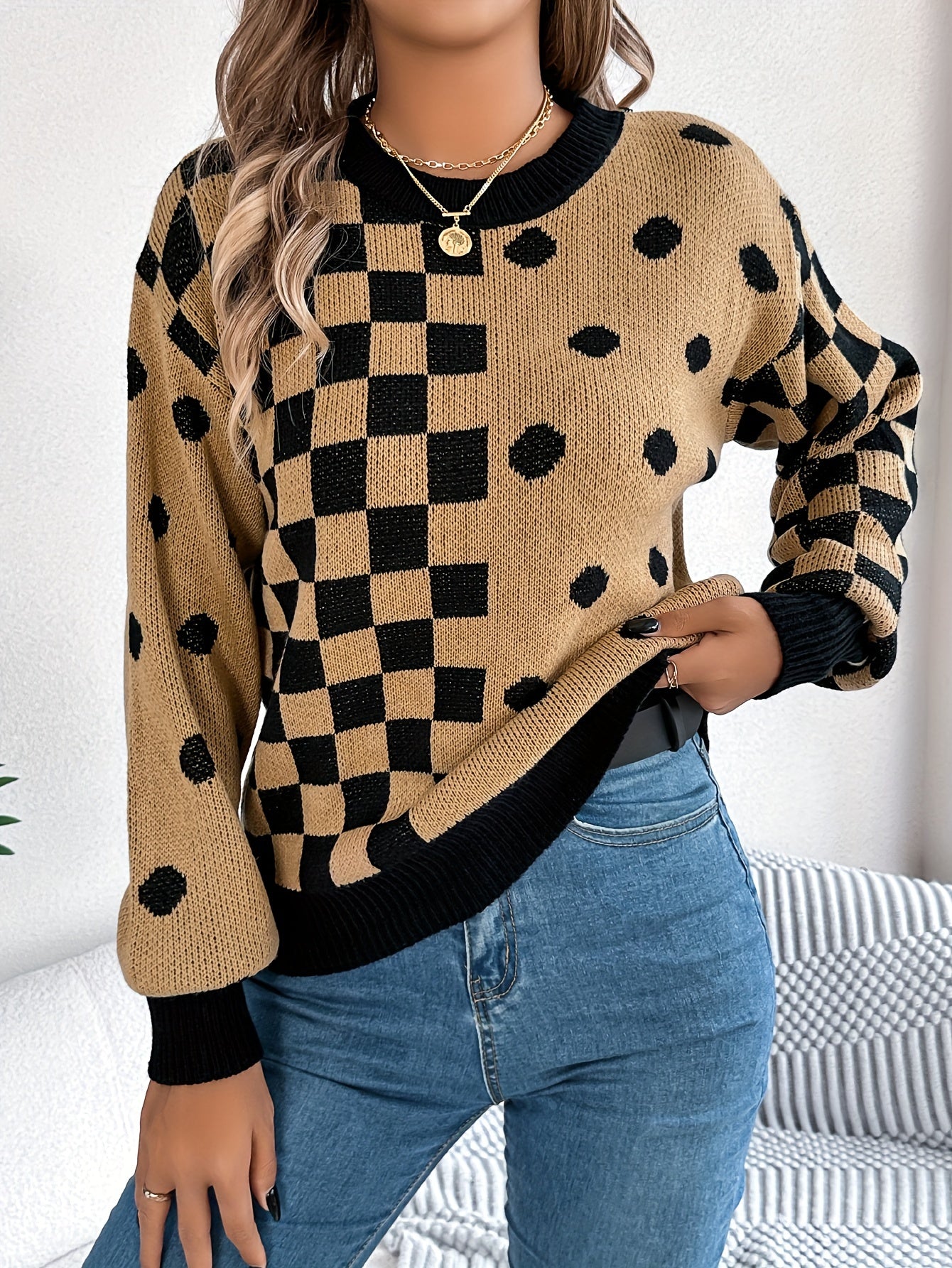 Plaid & Dot Pattern Crew Neck Sweater, Versatile Contrast Trim Lantern Sleeve Sweater For Fall & Winter, Women's Clothing