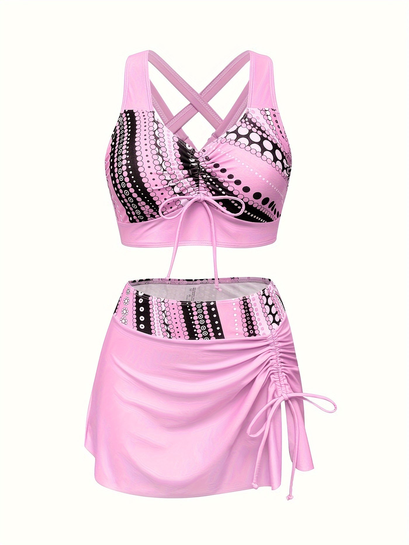 Polka Dot Print 3 Piece Set Tankini, V Neck Drawstring Front High Cut With Cover Up Skirt Swimsuits, Women&