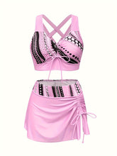Polka Dot Print 3 Piece Set Tankini, V Neck Drawstring Front High Cut With Cover Up Skirt Swimsuits, Women&