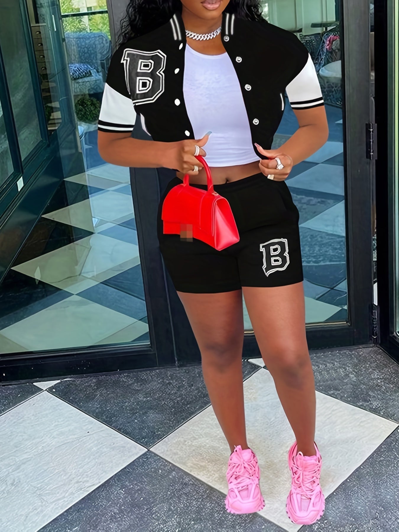 Letter Print Matching Two-piece Set, Color Block Jacket & Elastic Shorts Outfits, Women&