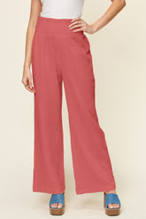 Double Take Full Size Texture Smocked Waist Wide Leg Pants - MyEmpired