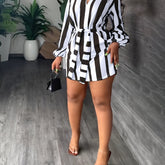 Striped Print Lantern Sleeve Dress, Casual Tie-waist Notch Neck Dress, Women&