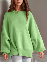 Double Take Side Slit Round Neck Long Sleeve Sweater - MyEmpired