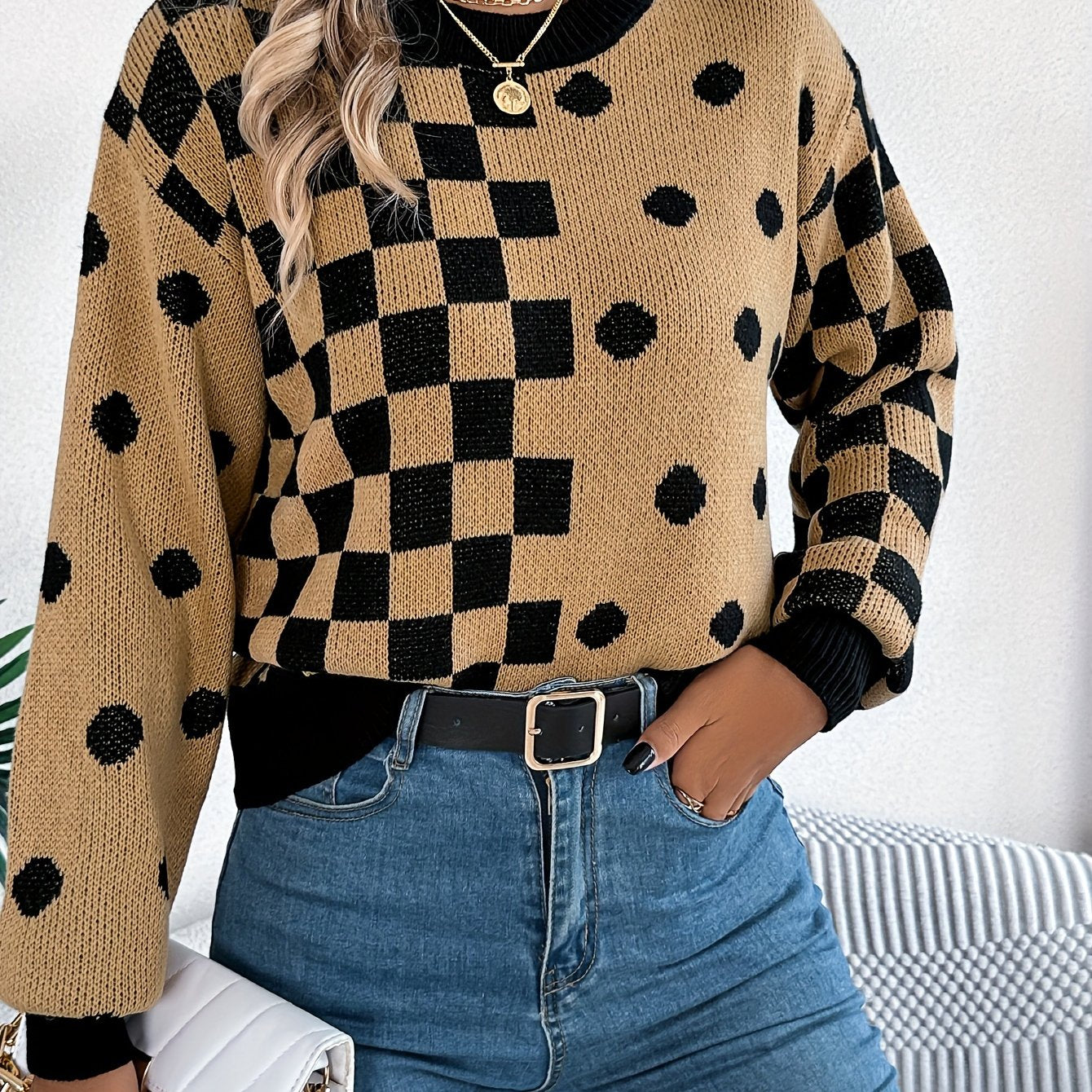 Plaid & Dot Pattern Crew Neck Sweater, Versatile Contrast Trim Lantern Sleeve Sweater For Fall & Winter, Women's Clothing